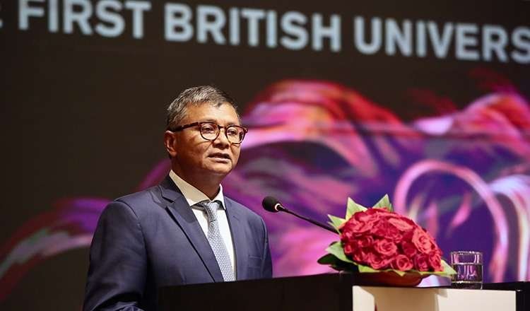 Education Minister Hang Chuon Naron speaks at the official launch of De Montfort University, the first UK campus in Cambodia. KT/Tep Sony