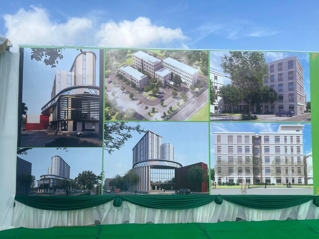 Designs for the Cambodia Agricultural Science Academy and National Agricultural Laboratory buildings on display at the groundbreaking in Takhmao